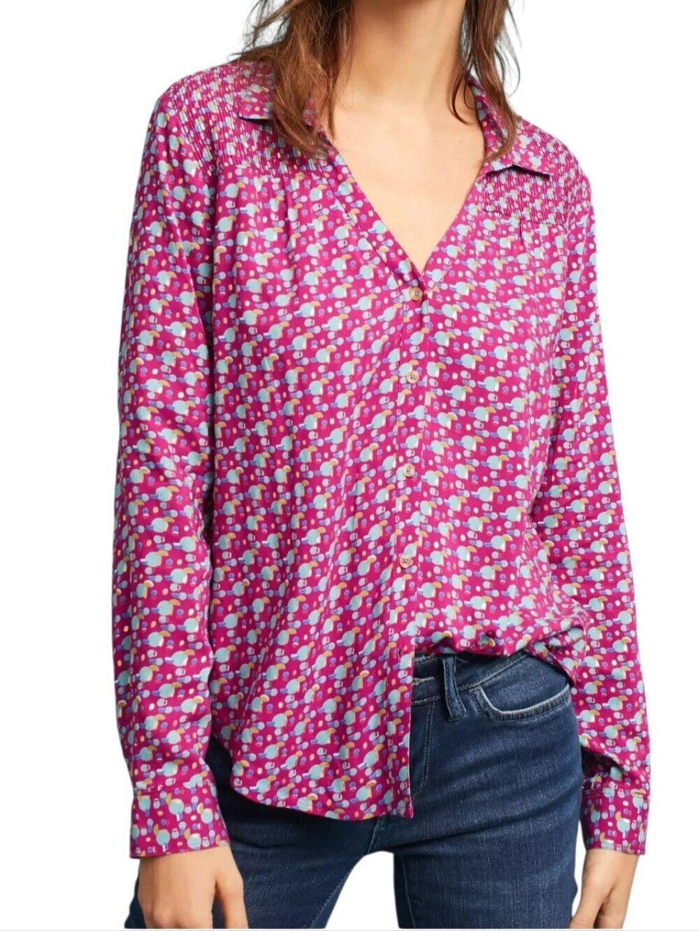 Maeve Amara Printed Blouse Size 12 Anthropologie Pink Blue Smocked Button Front
